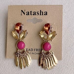 NATASHA Post Back Drop Earrings, Pink Bead, Amber/Champagne, Gold Tone Hardware